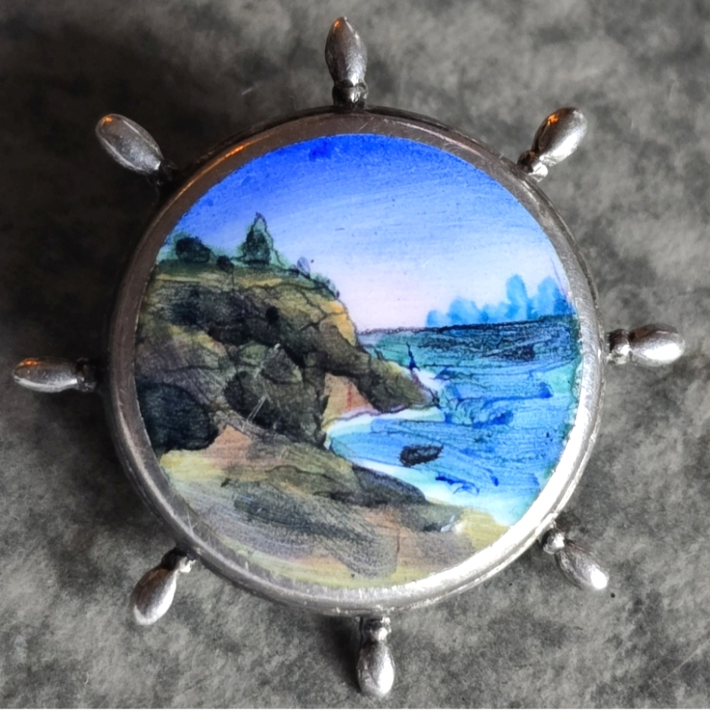 Vintage ships wheel sterling silver brooch enamel scene coastline ocean nautical